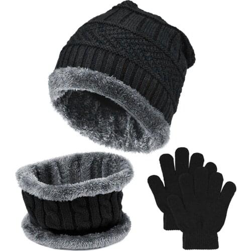 Winter Knitted Beanie and Scarf Neck Gloves, Thick Wool Lining Cap for Boys and Girls, Warm Leggings, Black