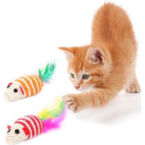 2PCS Cat Mouse Toy Funny Faux Feather Rope Sisal Cat Toy kitten Scratch toys for aggressive chewers training toy для кошек