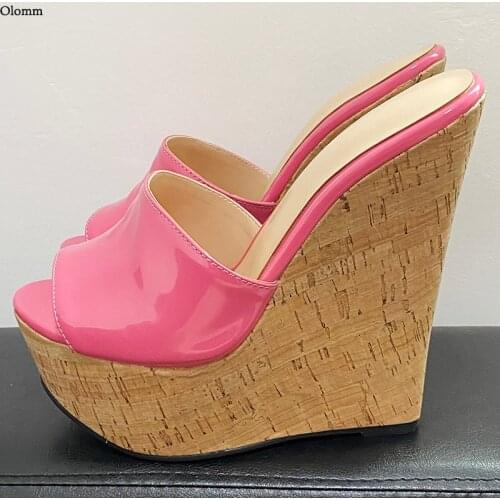 Olomm Handmade Women Summer Patent Leather Mules Sandals Wedges Heel Open Toe Gorgeous Pink Red Dress Party Shoes Size 35 45 46