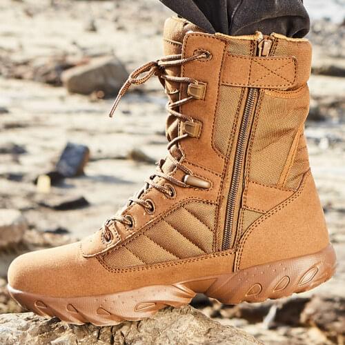 Men Military Quality Special Force Tactical Brown Combat Ankle Botas Army Work Shoes Sued Boots with Side Zipper