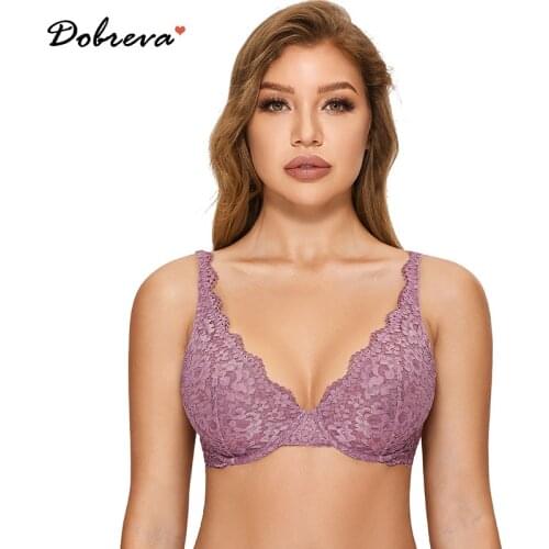 DOBREVA Womens Sexy Floral Lace Bra Unlined Underwire Bralette Minimizer Plus Size Full Coverage