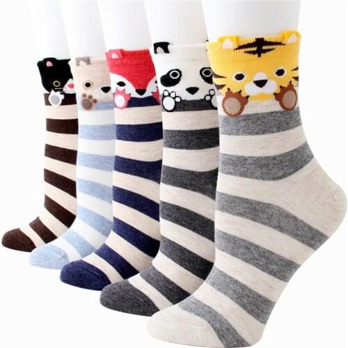 Cheap womens warm cartoon socks autumn-winter colorful tiger bear fox striped cotton sock ladies and womans funny animal socks