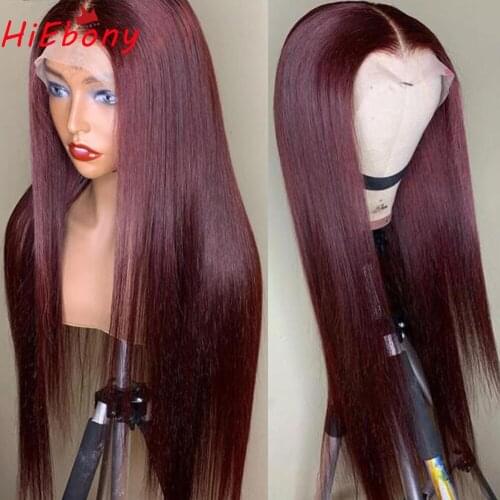 HiEbony #99j Preplucked Remy Human Hair Lace Front Wigs Burgundy Straight 180% density Glueless Lace Frontal Wigs with baby hair
