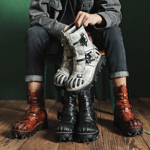 2020New Style Punk Genuine Leather Men Ankle Boots Basic Mens Military Cowboy Boots High Top Mens Gray Dress Boots Winter Warm