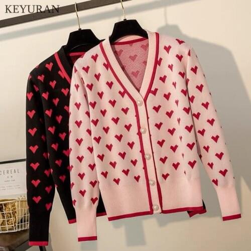 Pink Heart Knitted Cardigan Womens Autumn V Neck Love Jacquard Pearl Buttons Long Sleeve Loose Pull Femme Casual Sweater Coat