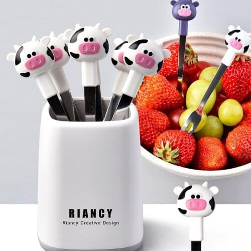 6pcs Cows Fruit Fork Set with Holder Stainless Steel Desert Forks Salad Vegetable Cocktail Toothpick BBQ Party Bento Accessories