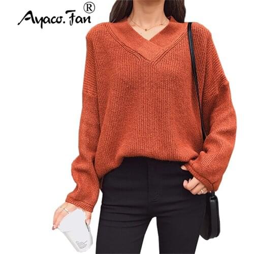 Solid Batwing Loose Thick Women Sweaters Autumn New Sexy V-Neck Lantern Sleeve Warm Knitted Pullovers Vintage Slim Lady Sweater