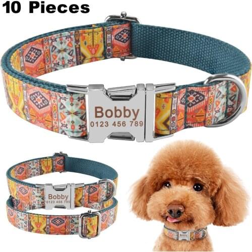 AiruiDog Dog Collar Personalized Bohemia Style Puppy Name ID Custom Engraved Metal Buckle Puppy Accessories 10 Pieces