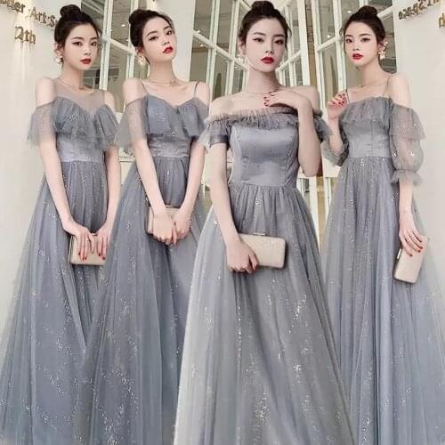 Bridesmaids Dresses Illusion Short O-Neck Sequined Lace Tulle Off The Shoulder A-Line Luxury Gray Lady Wedding Party Gown E498