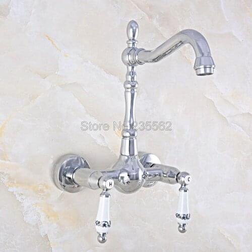 Polished Chrome Brass Swivel Spout Bathroom Basin Mixer Tap & Kitchen Sink Faucet Wall Mounted Dual Ceramic Handle Lnf565