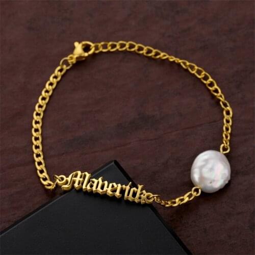 Custom Name Bracelet 3mm Cuban Chain Stainless Steel Jewelry Inlaid Irregular Natural Freshwater Pearl Bracelet Best Gift