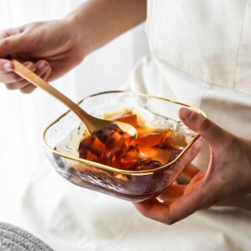 Luxury Transparent Square Glass Salad Bowl with Glod Rim Japanese Style Large Soup Dessert Fruit Mixing Bowl