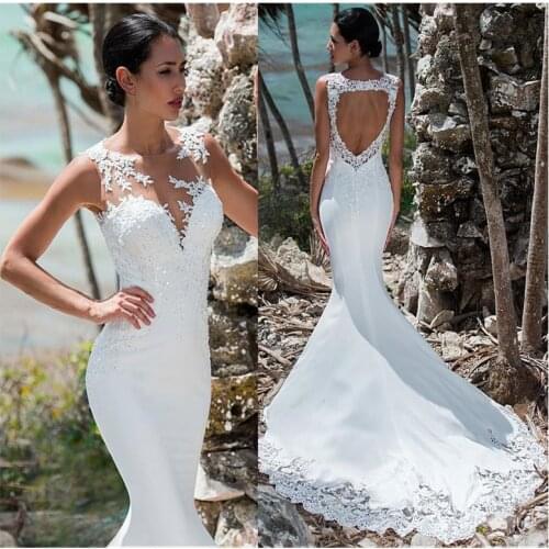 Sexy Mermaid Wedding Dress Sleeveless Lace Appliqued Illusion Back Boho Wedding Gown Long Train Bride Dress Vestido De Noiva