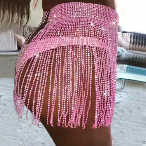 Sexy Metal Chain Rhinestone Summer skirts womens festival high waist vintage Club party women skirt faldas woman mini skirt 2021