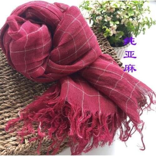 Spring And Summer Thin 100% Linen Plaid Scarf Comfortable Fashion Anti-sun Scarves Wine Red Color Long Linen Scarves