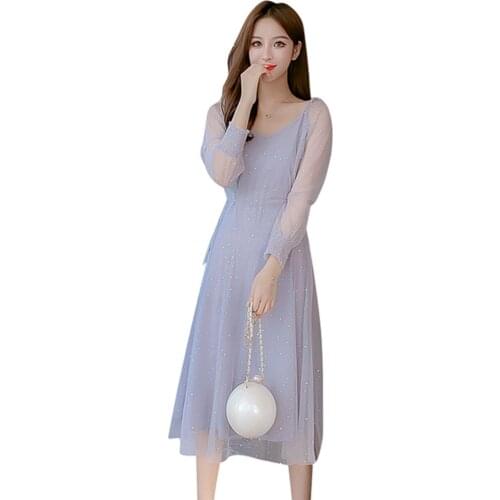 Vintage Solid Mesh Maxi Dress Women 2020 Autumn Boho Long-Sleeve Long Dress Elegant V-neck Lace Casual Shirt Dresses Robe