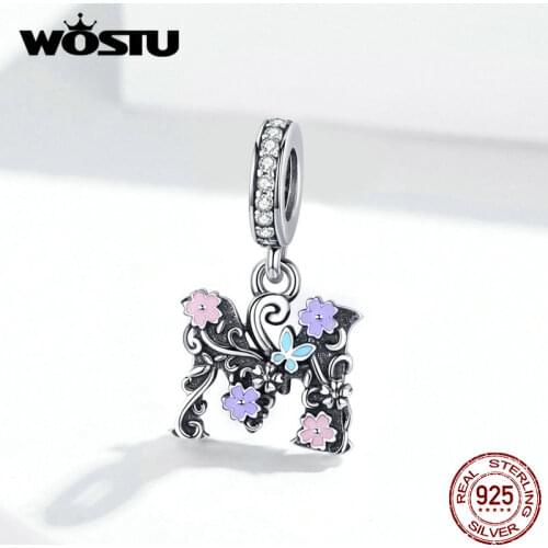 WOSTU 925 Sterling Silver Letter Alphabet A & M Flower Charm Fit Original Bracelet Pendant Beads Fashion Jewelry FIC1274