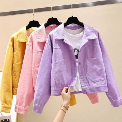 2021 Spring Autumn New Denim Jacket Loose Solid Color Short Coat Koran Square Collar Candy Color Fashion Womens Jean Jackets