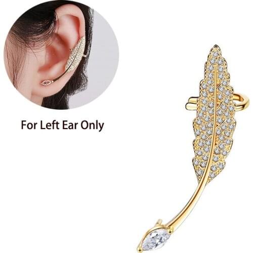 Womens Luxury Plant Golden Leaves Stud Earrings Shiny Micro Crystal CZ Stone Cuff Earring Piercing Trendy Wedding Ear Jewelry