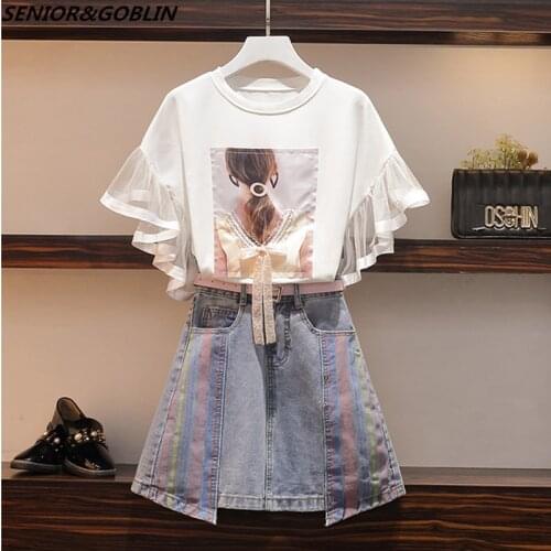 2020 Women Summer New Casual Two Piece Set Sequined Bow Mesh Patchwork Ruffles T-shirt+ Irregular Rainbow Denim Skirt With Belt