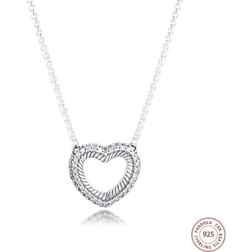 Genuine 925 Sterling Silver Necklace Pavé Snake Chain Pattern Open Heart Collier Necklaces for Women Statement Jewelery Gift