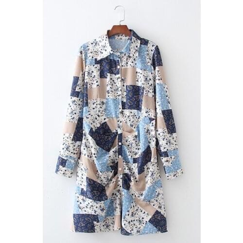 High quality spring and summer ladies pleated fishtail dress floral print dress long sleeve single breasted straight dress