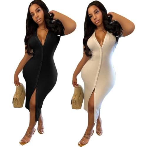 V-Neck Skinny Autumn Sexy Dresses Women Cotton Split Hem Long Sleeve Party Dresses Women Button Knitted Ankle-Length