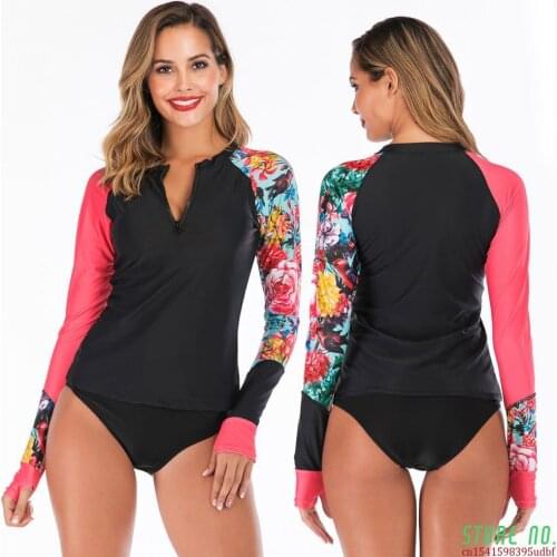2021 Swimsuit Women Long Sleeve Rashguard Two Pieces Swimwear Print Floral Zipper Surf Rash Guard Hot Spring Bathing Suit