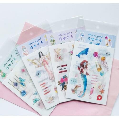 4 Sheets /Pack Kawaii Retro Fairy Girl Stickers Adhesive Craft Decor Notebook Diary Decorative Student Stationery
