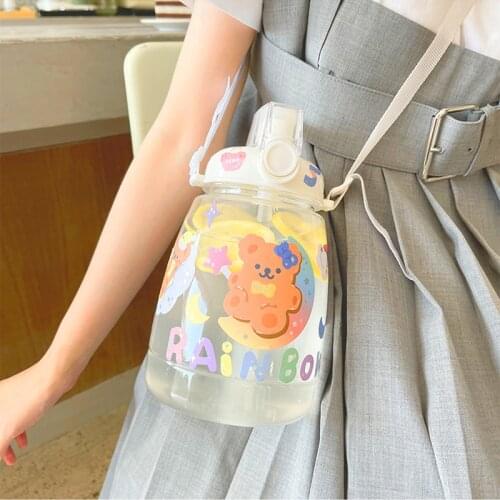 1300ml Cute Bear Big Capacity Water Bottle With Straw Strap Plastic Portable Sport Transparent Drink Bottles For Children Girl