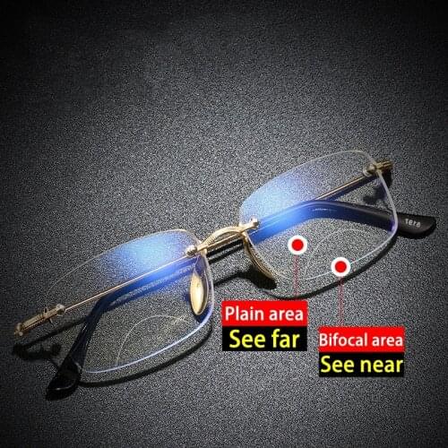 Finished Bifocal Anti Blue Ray Reading Glasses Men Rimless Vintage Metal Frame Presbyopia Glasses 1.50 Diopter Gafas Para Leer