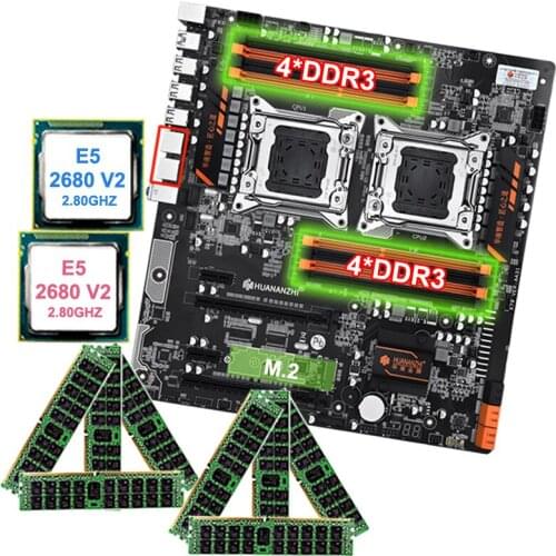 Discount HUANANZHI X79-8D dual X79 LGA2011 motherboard with M.2 NVMe slot with dual CPU Xeon E5 2680 V2 RAM 256G(8*32G) REG ECC