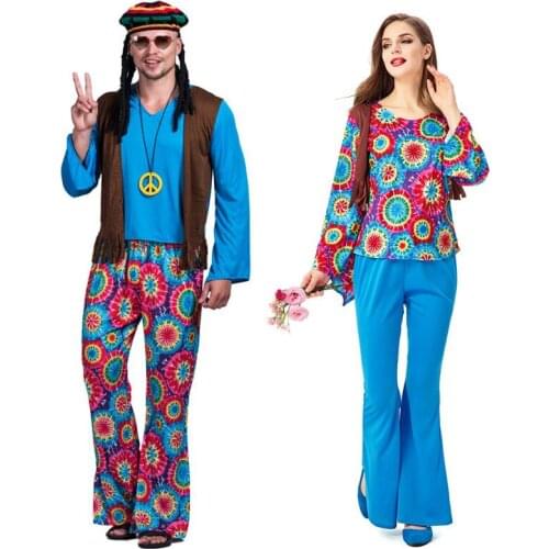 Adult Retro 60s 70s Hippie Love Peace Costume Cosplay Women Men Couples Halloween Purim Party Costumes Fancy Dress