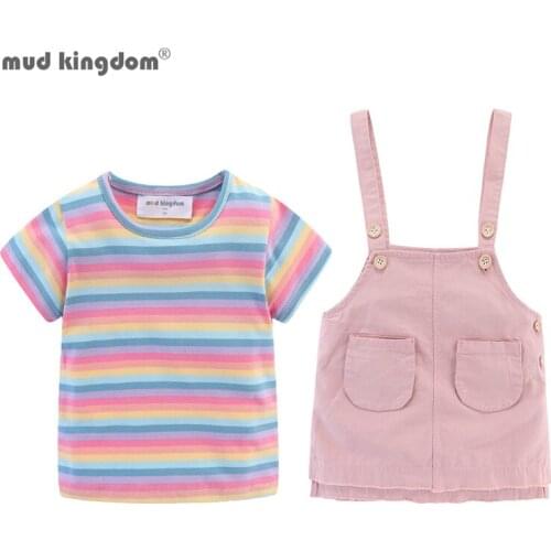 Mudkingdom Summer Toddler Girls Outfits Rainbow Stripe Tee and Chino Jumper Skirt Set for Baby Girl Cute Clothes Suit Pink
