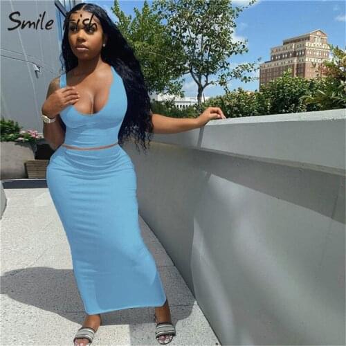 Summer Streetwear Soild Bodycon 2 Two Piece Sets Women Sleeveless Crop Top Midi Skirts Suits Casual Party Matching Sets M0499