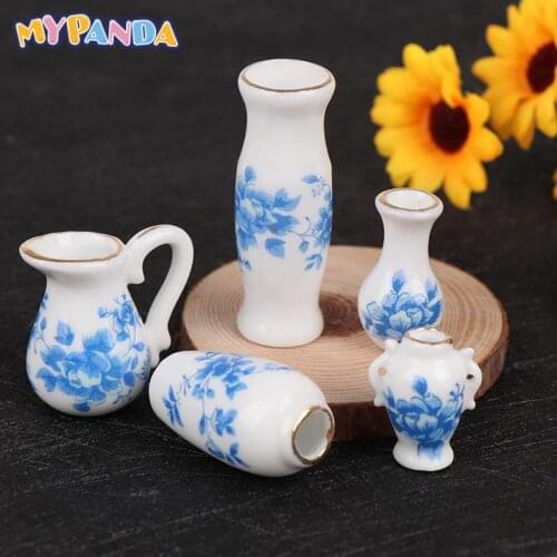 Doll House Miniatures 1:12 Accessories Decorative Vintage Blue And White Porcelain Dollhouse Mini Porcelain Vase Accessories