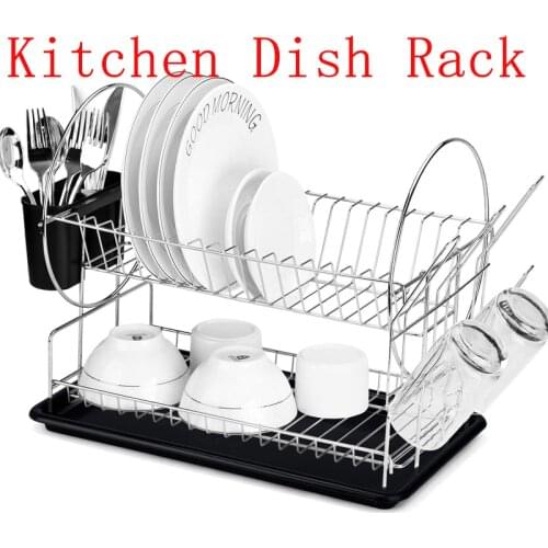 Stainless Steel Dish Rack Kitchen Organizer Storage Drainer Drying Plate Shelf Sink Knife Fork Container Accessorie 2-Tier HWC