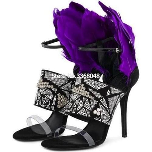 2019 Newest Shinny Crystal Heeled Women Fashion Purple Feather Sandals Strap Woman Party Stiletto Black Suede Leather Shoes