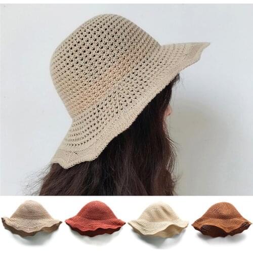 Solid Color Hollow-Out Fisherman Hat Womens Casual Knit Hat Cap Foldable Art Style Wild Sun Hat For Summer Clothing Accessories