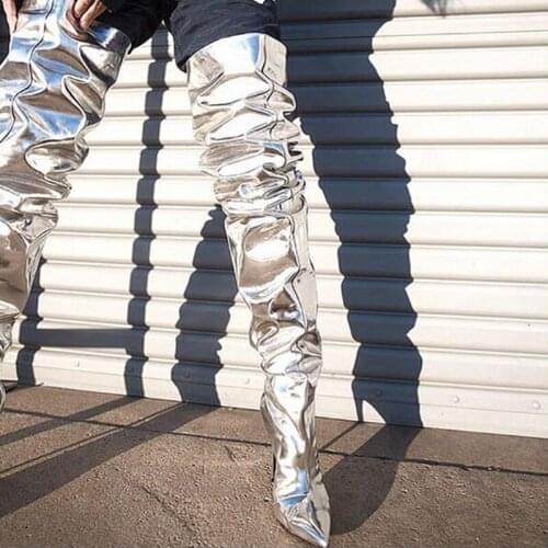 Sexy Silver Mirror Leather Loose Over The Knee Boots Pointed Toe High Heels Fashion High Tall Boots Women Dress Shoes