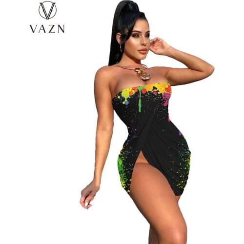 VAZN New 2021 Print Colorful Sleeveless Strapless Women Elegant Fashion Mini Dress Slim Dress Club Birthday Shinny Dress