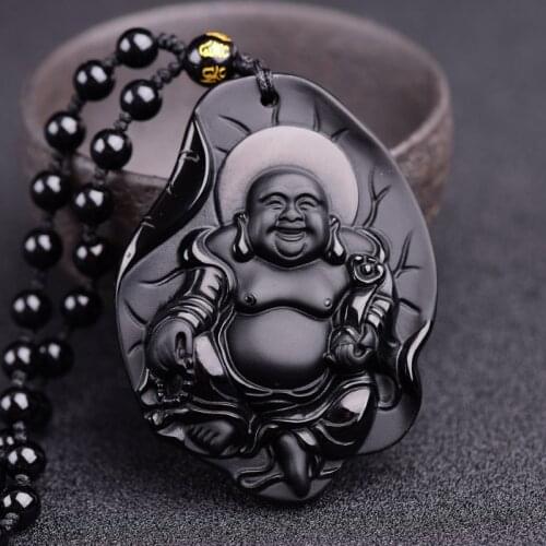 Natural Obsidian Maitreya Buddha Jade Pendant Jewelry Lucky Exorcise evil spirits Auspicious Amulet Jade Pendant Fine Jewelry