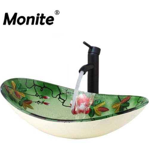 Green Hand Paint Oval Glass Washroom Vessel Vanity Sink Bathroom Mixer Basin Washbasin Brass Black ORB Faucet Set Pop up Drain