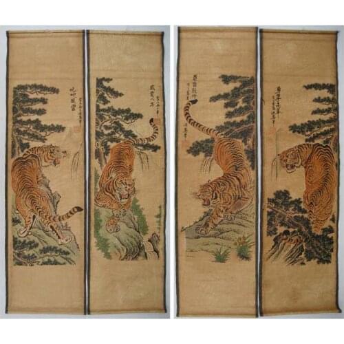 ANCIENT HANGING PAINTING SCROLL" Tiger " NICE SCREEN OF 4PCS Paintings & Scrolls