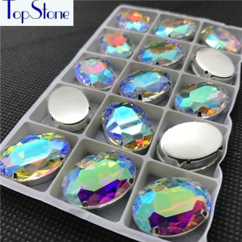 Topstone High Quality AB Oval Sew On Claw Setting Rhinestone Glass Crystal Sewing for DIY Dress Clothing