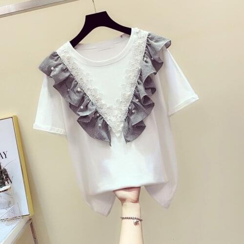 Ruffled lace stitching short-sleeved womens 2020 spring and summer new Korean loose T-shirt