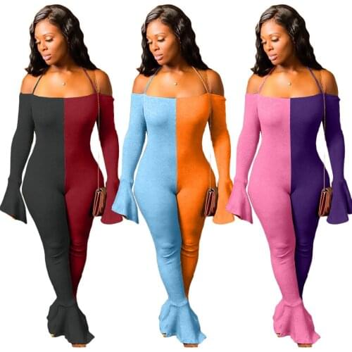 Adogirl Contrast Color Patchwork Jumpsuits Woman Slash Neck Flare Sleeve Floor Length Bell Bottom Pants Sexy Night Club Rompers