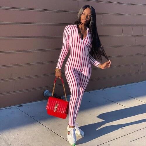 Summer new sexy casual party club womens lapels V collar long sleeved sports tight knit striped trousers jumpsuit bodycon