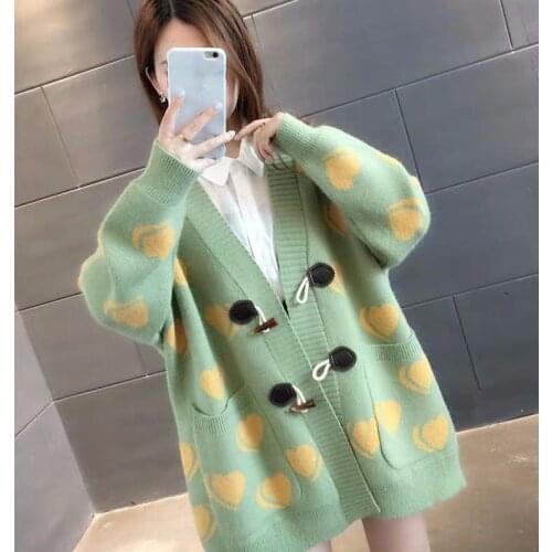 2021 Autumn Women Casual Loose Knitted Cardigan Female Long Sleeve Print Knit Sweater Vintage Jumper Lady V Neck Tops Coat H334