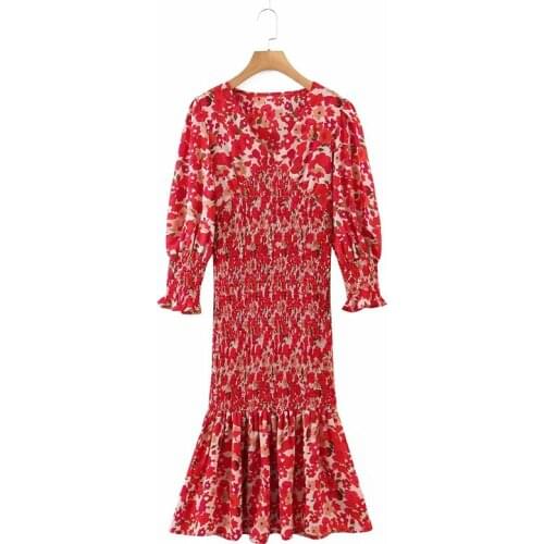 Summer Long Dress Women Red Print Ruched Midi Dress Woman V Neck Long Sleeve Elegant Robe Chic Vacation Casual Dresses